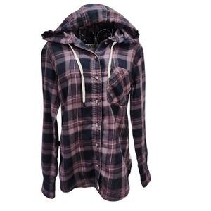 Garage Purple Black Plaid Hooded Flannel Shirt Boyfriend Fit Womens XS Grunge
